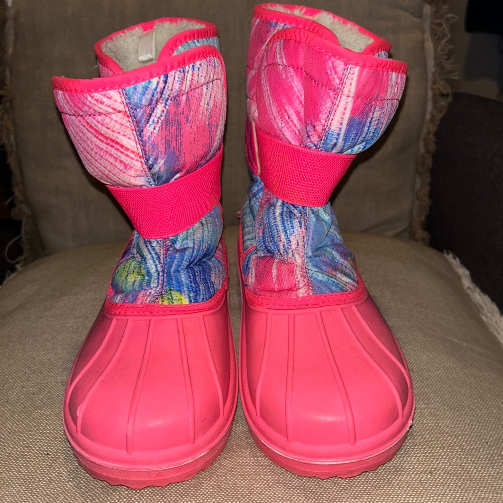 Girls Pink Tie Dye Snow Boots Size 5 Faux Fur Lined Winter Waterproof Style